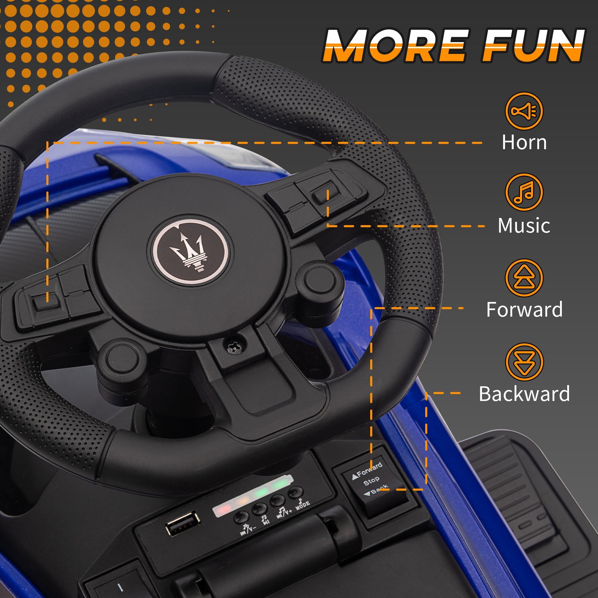 Qaba 6V Maserati GT2 Licensed Electric Car for Kids, Ride on Car with Under Seat Storage, LED Headlights Music, Blue 