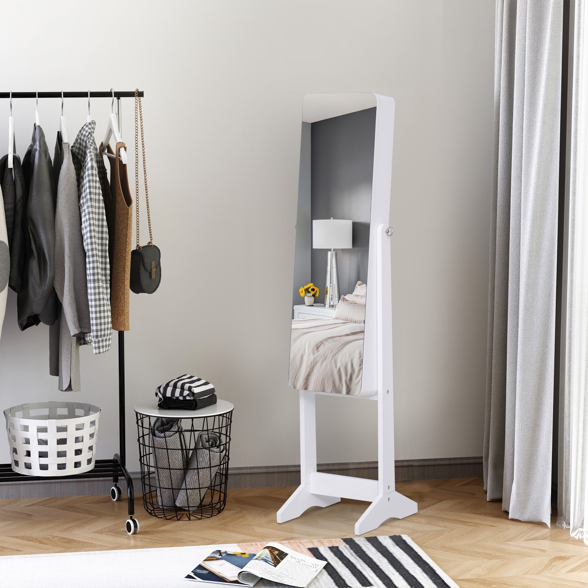 HOMCOM Mirrored Jewelry Armoire LED Lights Freestanding Organizer Adjustable Angle Lockable Cabinet White 