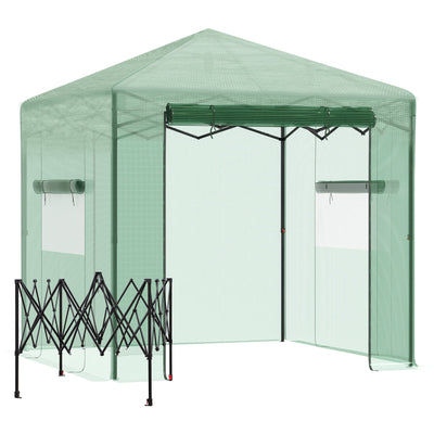 Outsunny 8' x 6' Portable Pop Up Greenhouse Walk-in Hot House with Roll-up Door & 2 Windows Outdoor for Plants Garden Foldable, Green 