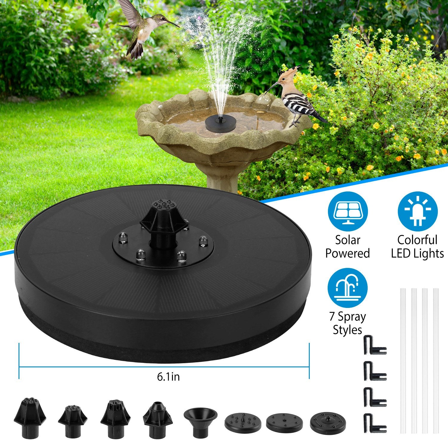 Solar Powered Fountain Pump Floating Bird Bath Pond Pump w/ LED Lights 7 Nozzles For Aquarium Garden Backyard Pond Pool Outdoor 