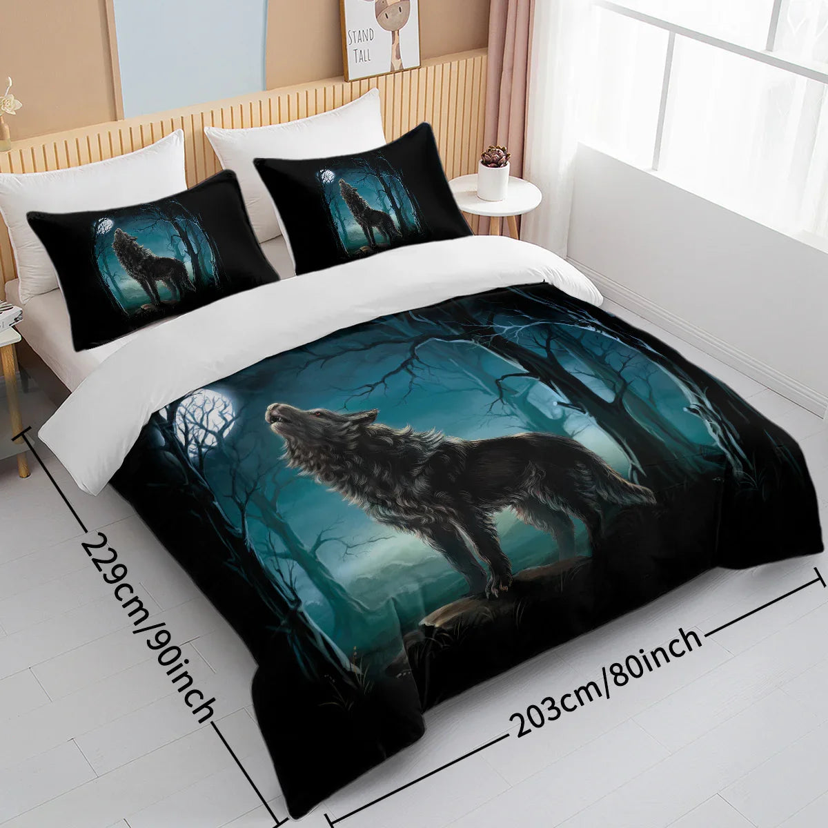 Moon Wolf Bedding Green Watercolor Forest Wolf Landscape Duvet Cover Sets 3 Pieces Wild Animal Bedding Set Twin Full Queen King Size 