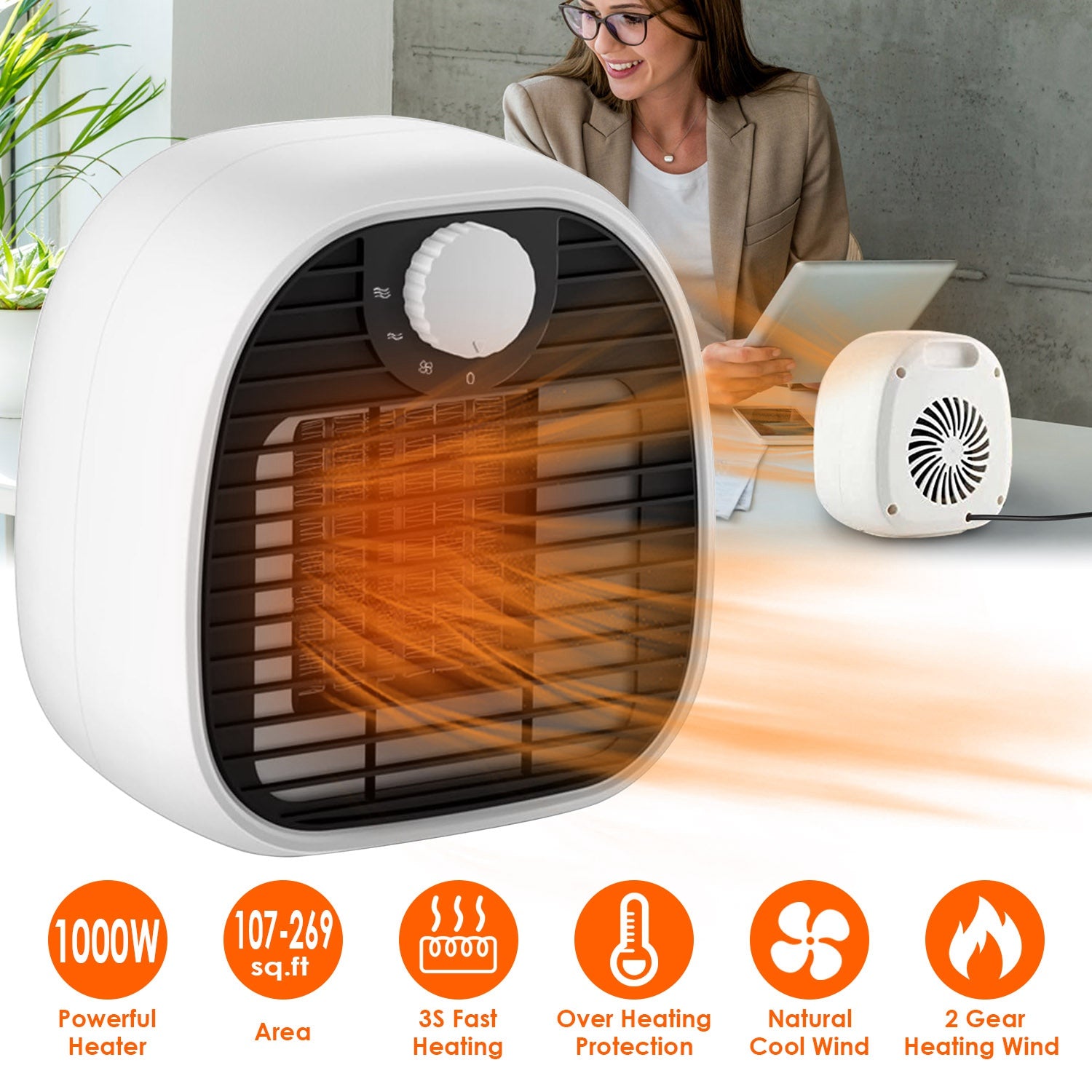 1000W Portable Electric Heater Cooler 3 Gear PTC Ceramic Space Heater Overheating Tip Over Protection 3S Heating Space for 269 sqft Home Office Use