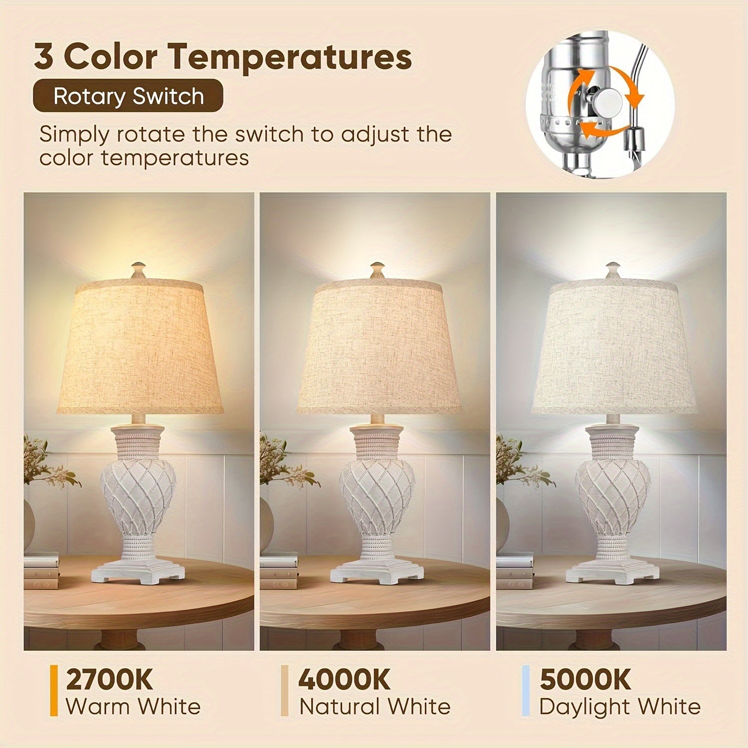 Tradition Table Lamp Set Of 2, Farmhouse Boho Bedside Lamps with 3-Color Temperature LED Bulbs 