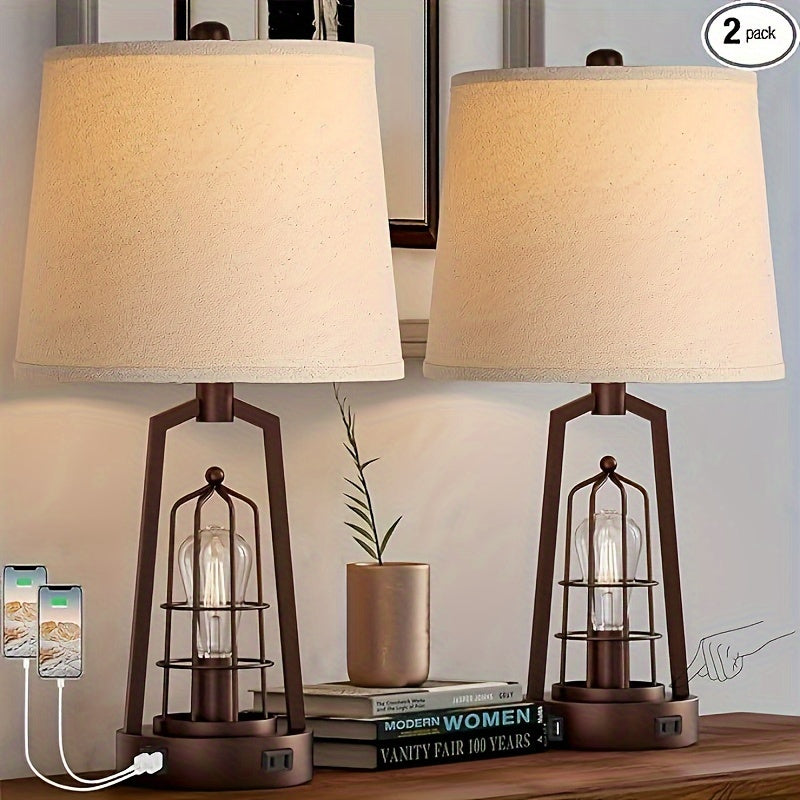 3-Way Dimmable Farmhouse Table Lamps Set of 2 – Touch Control with USB & AC Outlets, Oil Rubbed Bronze Bedside Lamps for Bedroom/Living Room – Bulbs Included 