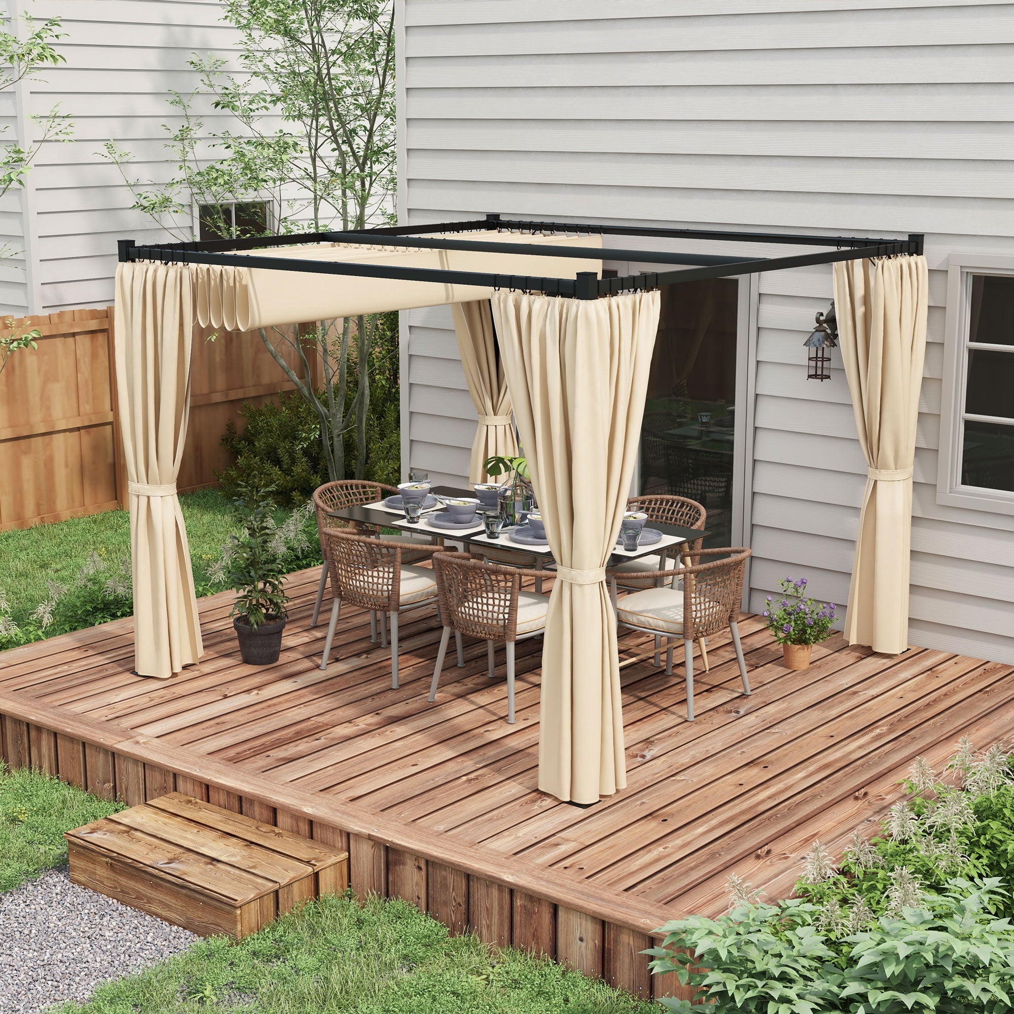 Outsunny 10' x 10' Retractable Pergola, Garden Gazebo Shelter with Curtains, for Grill, Patio, Deck, Beige 
