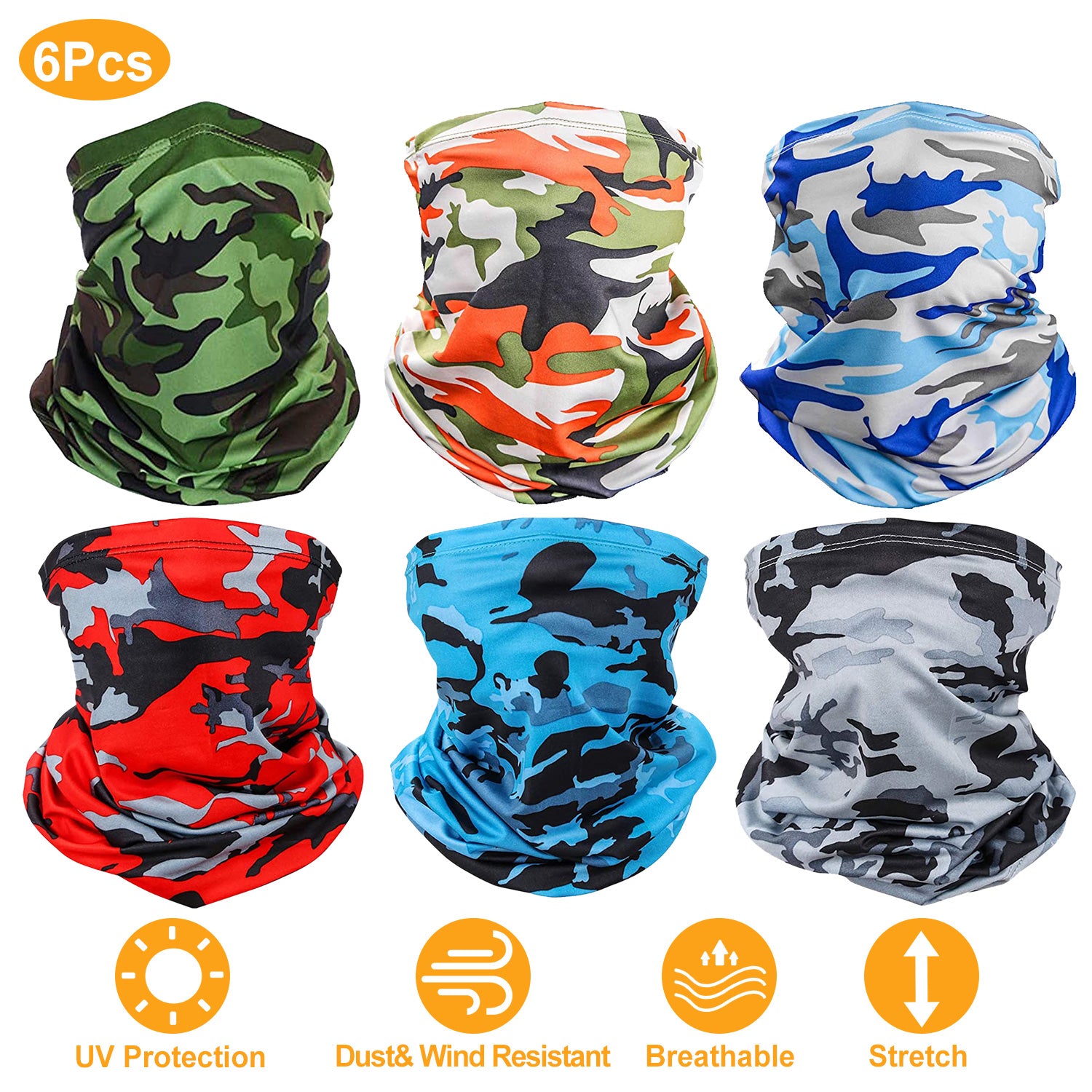 6Pcs Summer Neck Gaiter UV Sunscreen Protection Face Mask Scarf Breathable Cooling Shield Coverings For Cycling Hiking Fishing Running Motorcycle