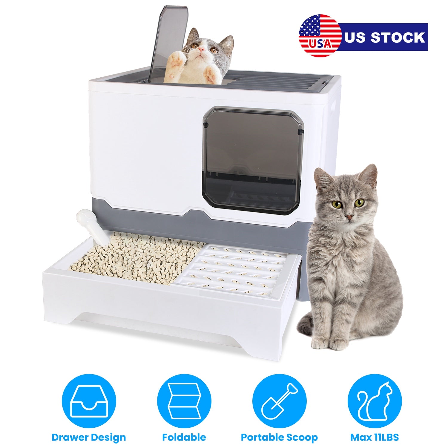 Foldable Cat Litter Box with Lid Enclosed Kitty Litter Box Anti Splashing Cat Toilet Tray with Litter Scoop 