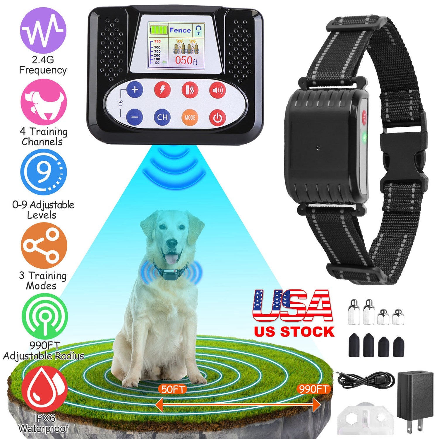 990FT Range Dog Wireless Fence Remote Training Collar IPX6 Waterproof Receiver with 0-9 Levels Beep Vibration Shock Mode 4 Channels Rechargeable Trans