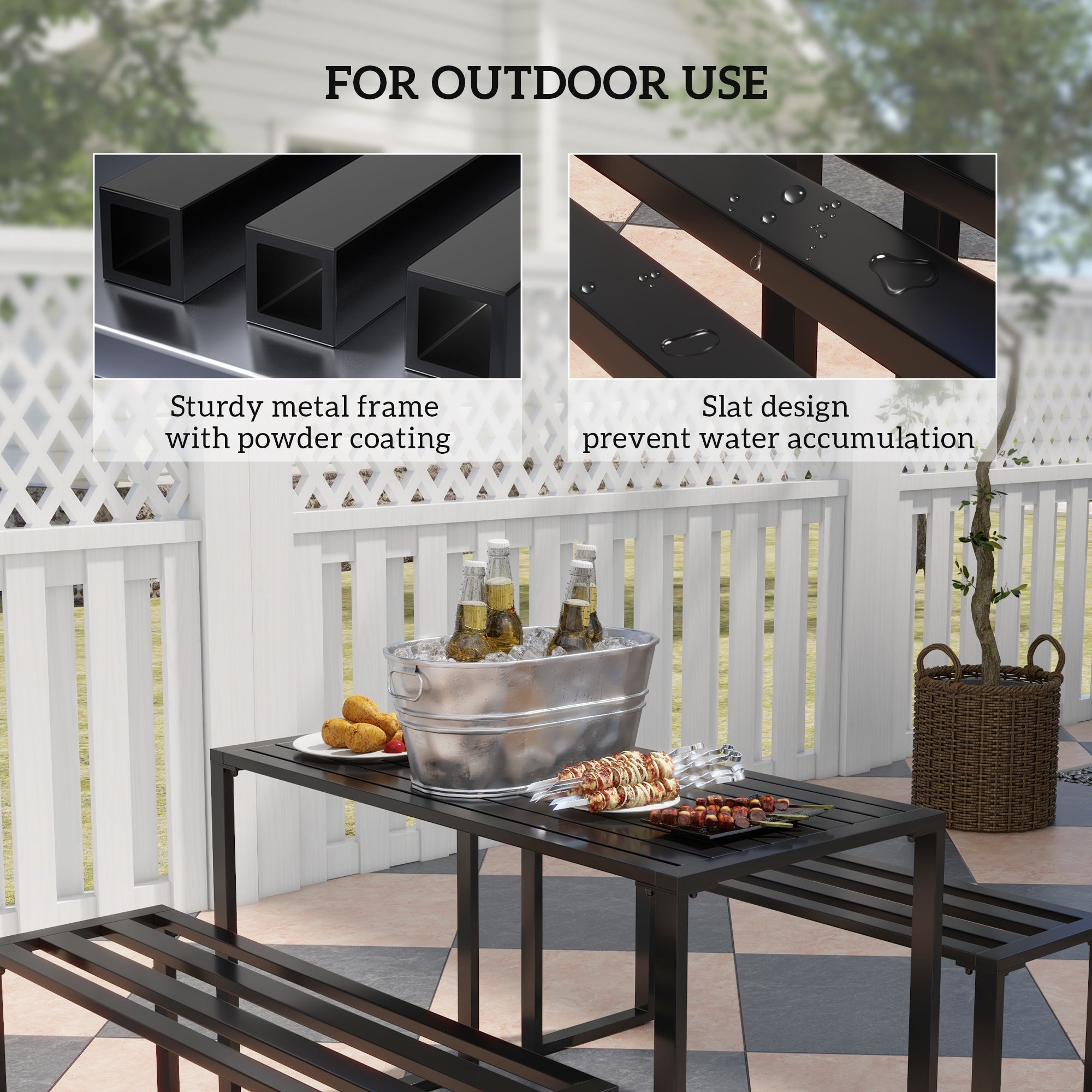 Outsunny 3-Piece Metal Outdoor Picnic Table Set, Durable Garden Patio Furniture with 2 Benches, Black 