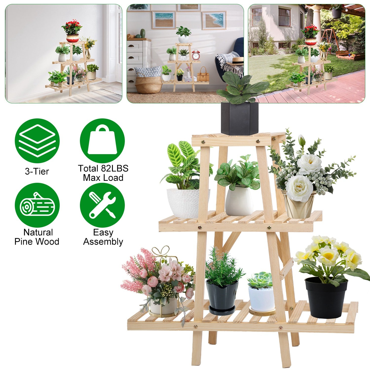 Wooden Plant Stand 3-Tier Potted Flower Shelf Multi-tier Flower Pot Rack Holder Triangle Ladder Plant Vase Display Rack 82lbs Max Load for Indoor Pati 