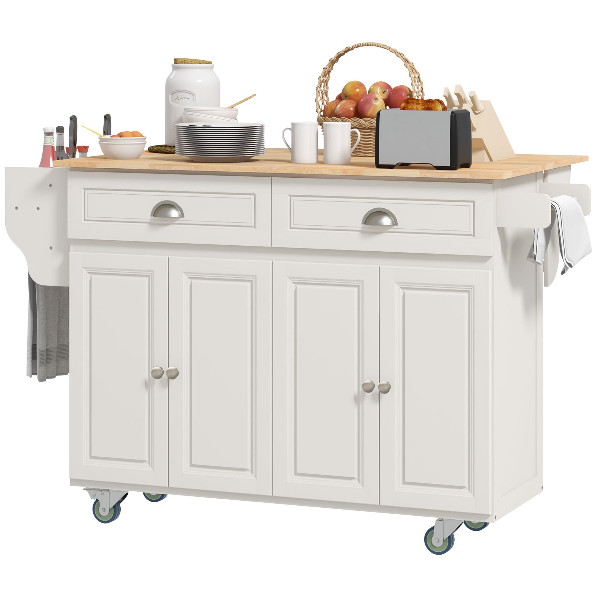HOMCOM Kitchen Island with Storage, Rolling Kitchen Island with Drop Leaf, Rubber Wood Top and Adjustable Shelves, Cream White 