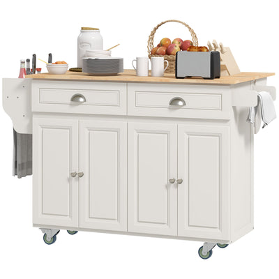HOMCOM Kitchen Island with Storage, Rolling Kitchen Island with Drop Leaf, Rubber Wood Top and Adjustable Shelves, Cream White 