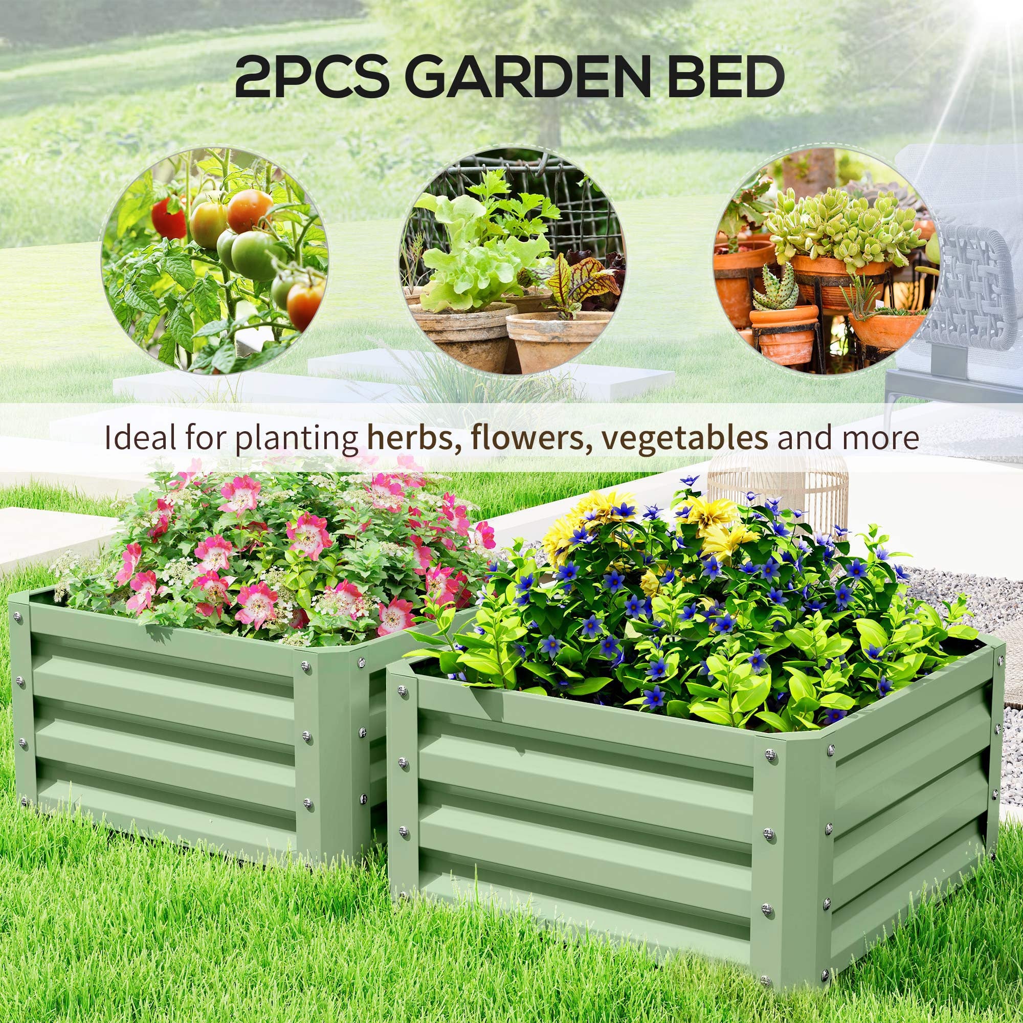 Outsunny 2' x 2' x 1' 2-Pieces Raised Garden Bed with Galvanised Steel Frame for Vegetables, Flowers, Herbs, Light Green 