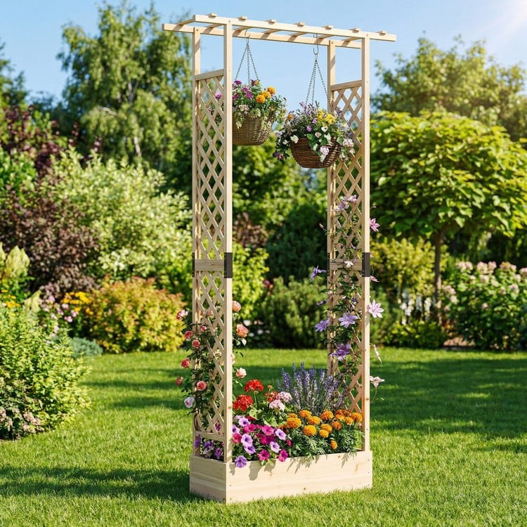 89 Inch Tall Wooden Raised Garden Bed with Side Trellis and Hanging Roof Drainage Holes-Natural