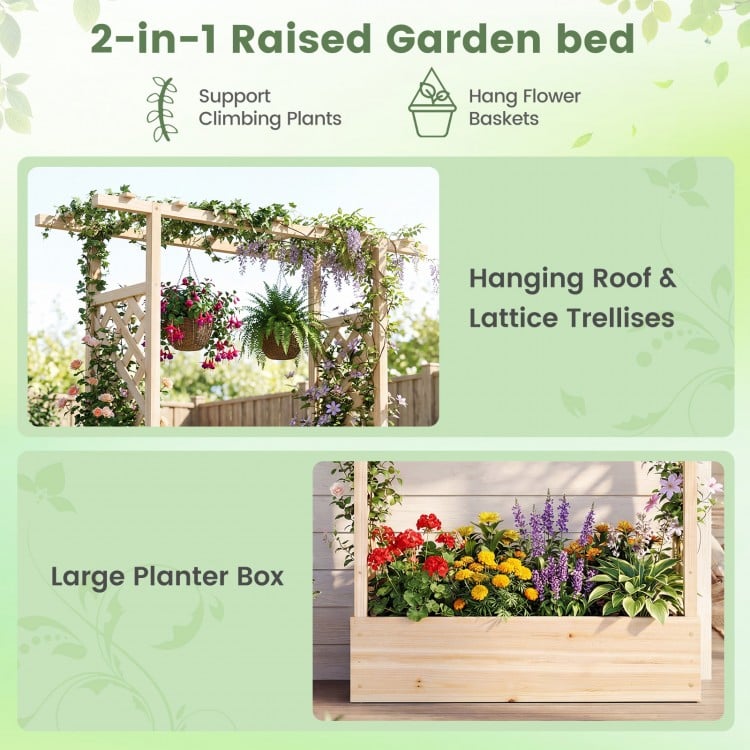 89 Inch Tall Wooden Raised Garden Bed with Side Trellis and Hanging Roof Drainage Holes-Natural