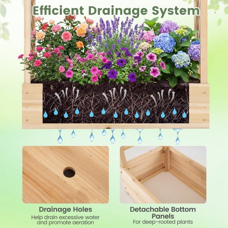 89 Inch Tall Wooden Raised Garden Bed with Side Trellis and Hanging Roof Drainage Holes-Natural