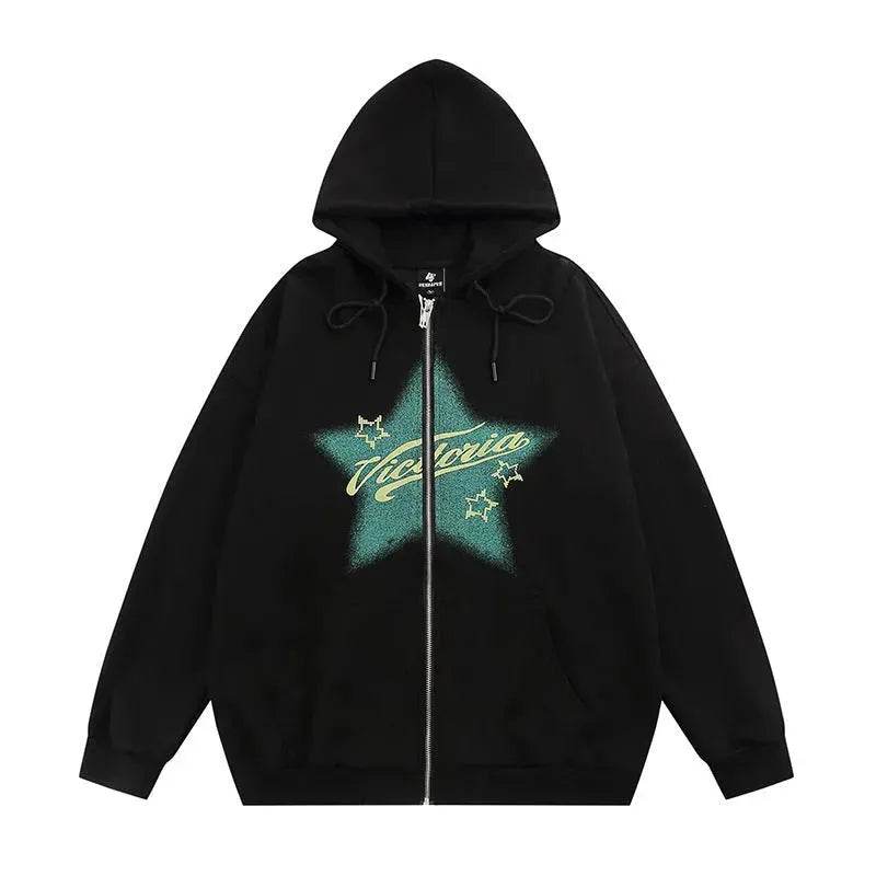 American street Star Printed Hoodie Cardigan unisex for fall winter 