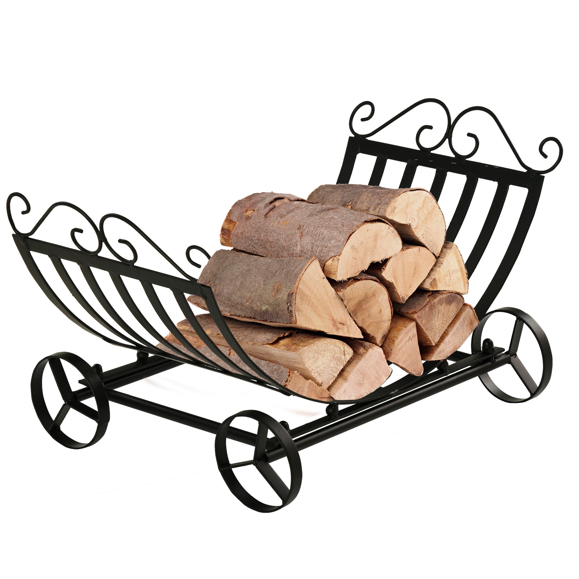 Outsunny Firewood Finesse: 23" Curved Fireplace Wood Holder, Stylish Storage with Scrolls, Indoor Outdoor, Black Finish 