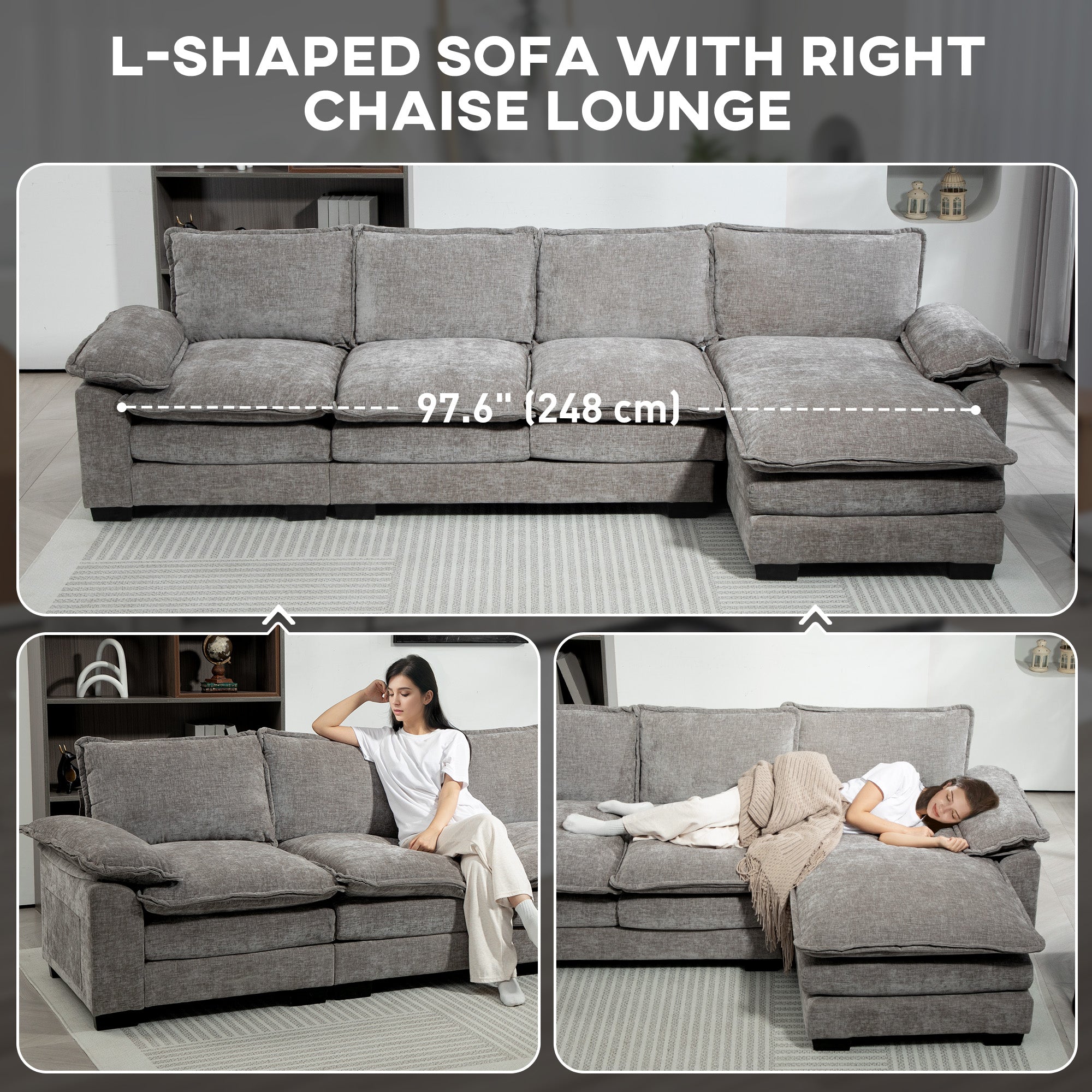 HOMCOM Sofa Couch with Chaise Lounge, Chenille L-shaped Couch with Double-layer Seat Cushion for Living Room, Grey 
