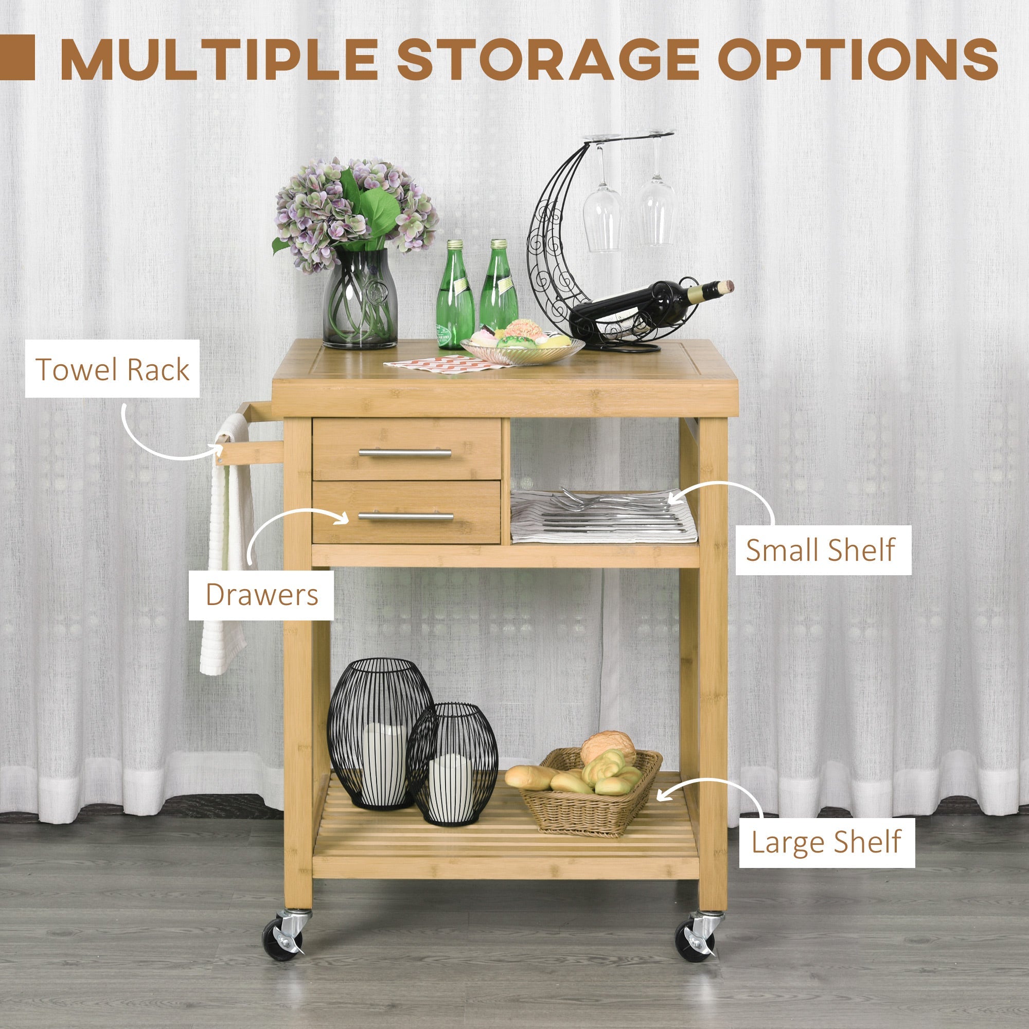 HOMCOM Bamboo Bounty: Kitchen Island Trolley Rolling Utility Cart with Wheels, Drawers, Shelves for Living Room 