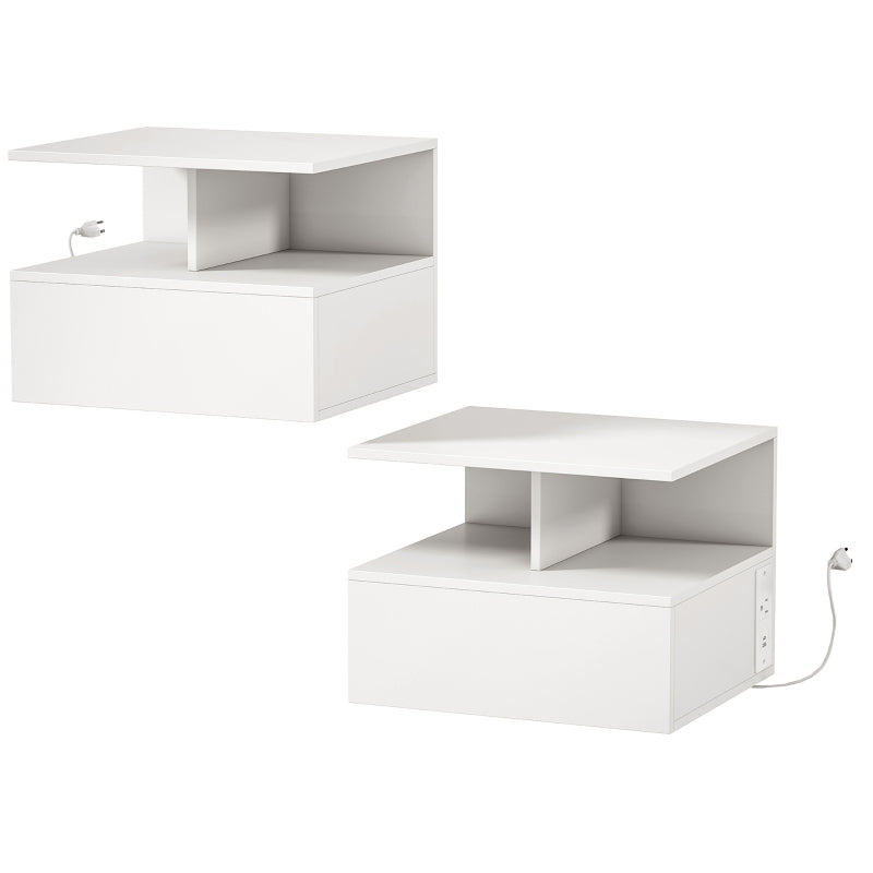 HOMCOM Floating Nightstand Set of 2 with Charging Station, Wall Mounted Bedside Tables with Drawer, Open Shelf, AC Outlet, USB & USB-C Ports, White or Black
