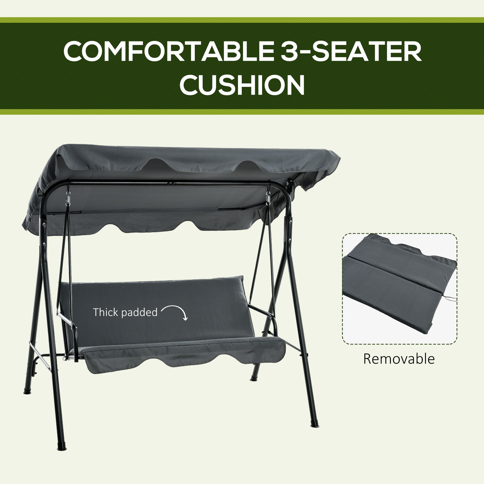 Outsunny 3-Seater Outdoor Porch Swing with Adjustable Canopy, Patio Swing Chair for Garden, Poolside, Backyard, Grey 