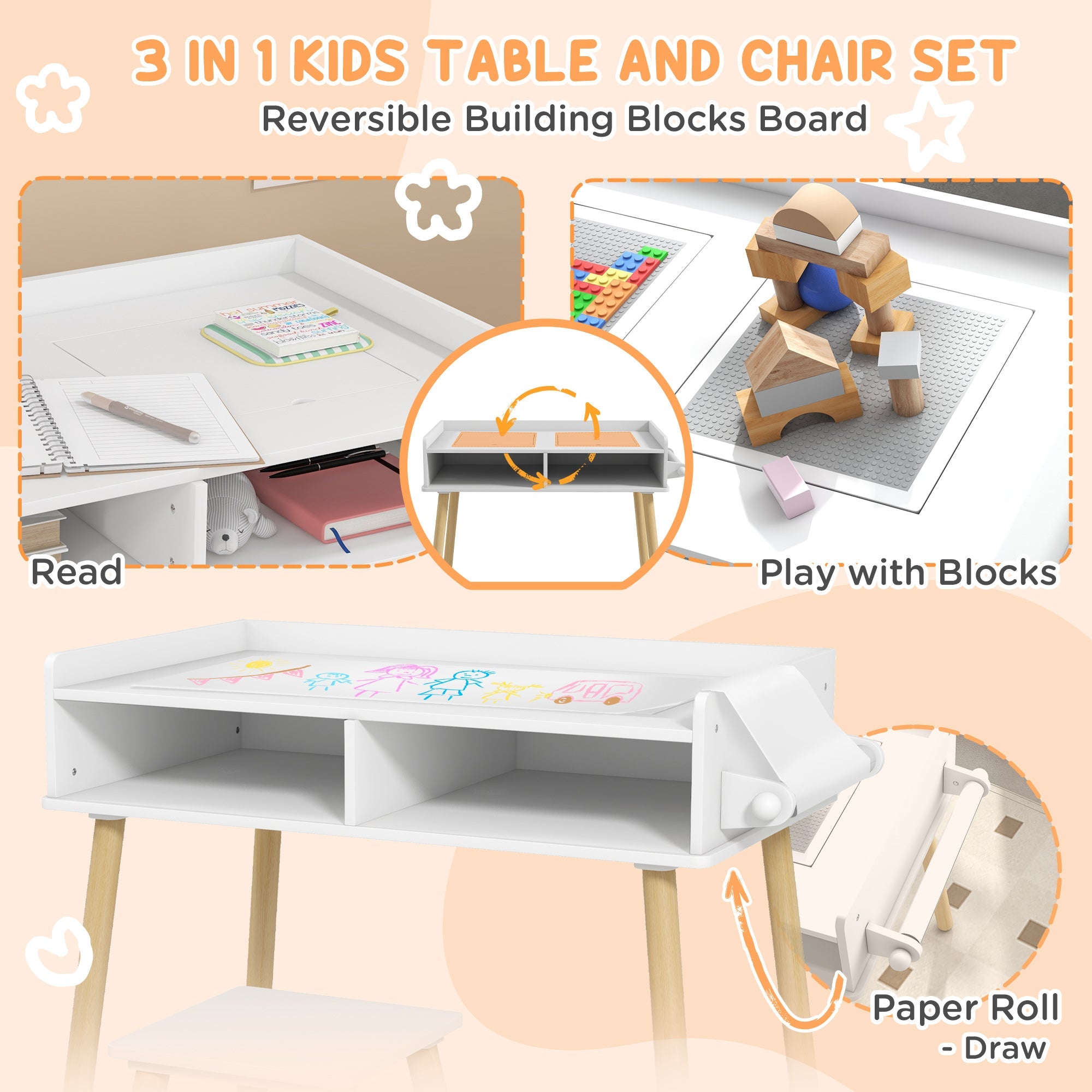 Qaba Versatile 3-in-1 Kids Activity Table & Chair Set, Perfect for Play, Drawing, Reading, Grey, Ideal for Nursery & Playroom 