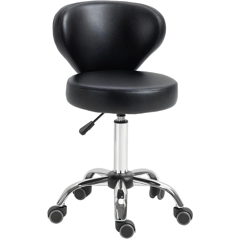 Adjustable Swivel Salon Stool with Backrest and Wheels, Office & Living Room Chair, Synthetic Leather, Black
