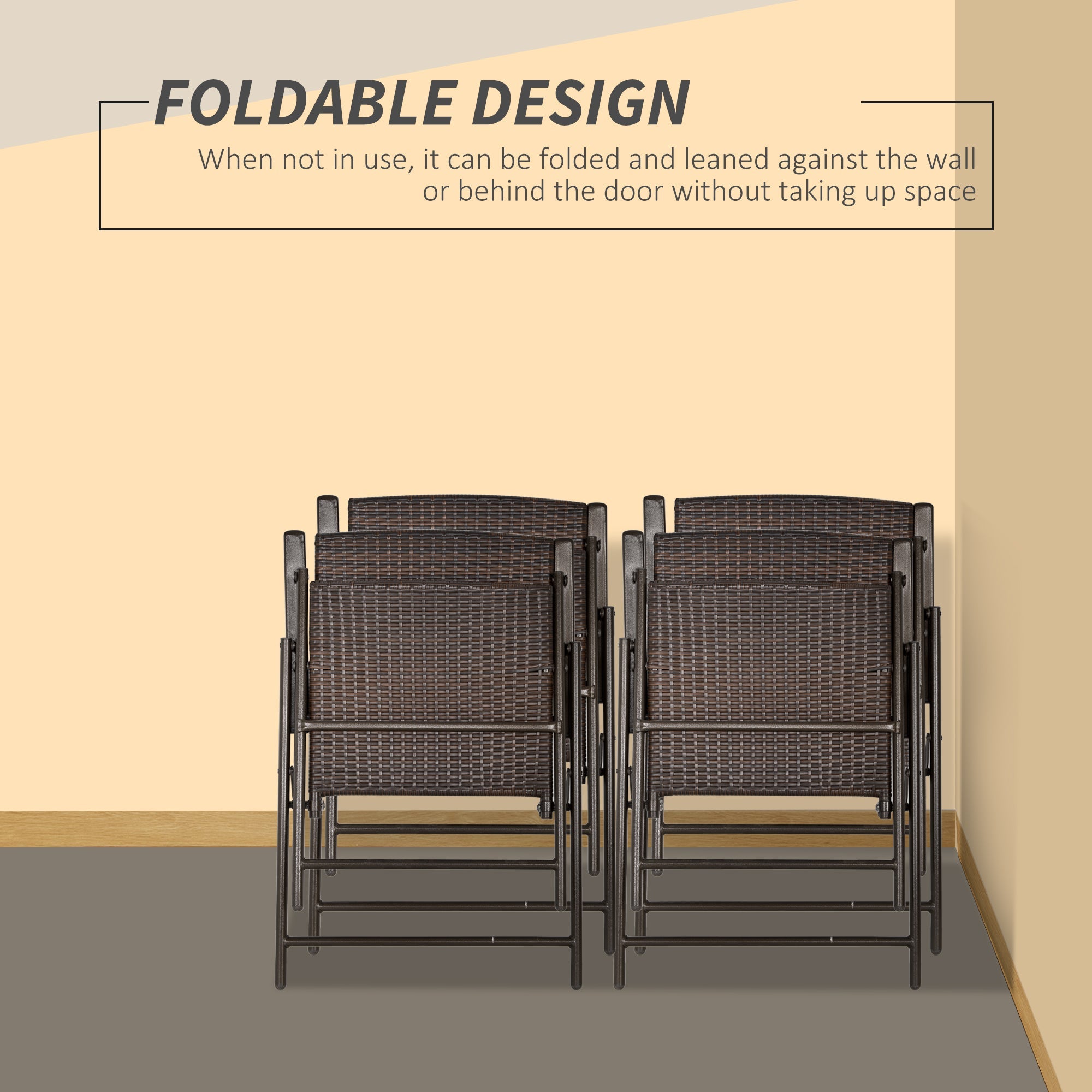 Outsunny Brown Rattan Outdoor Wicker Dining Chair Set of 4 Foldable with Steel Frame for Garden Backyard Porch 