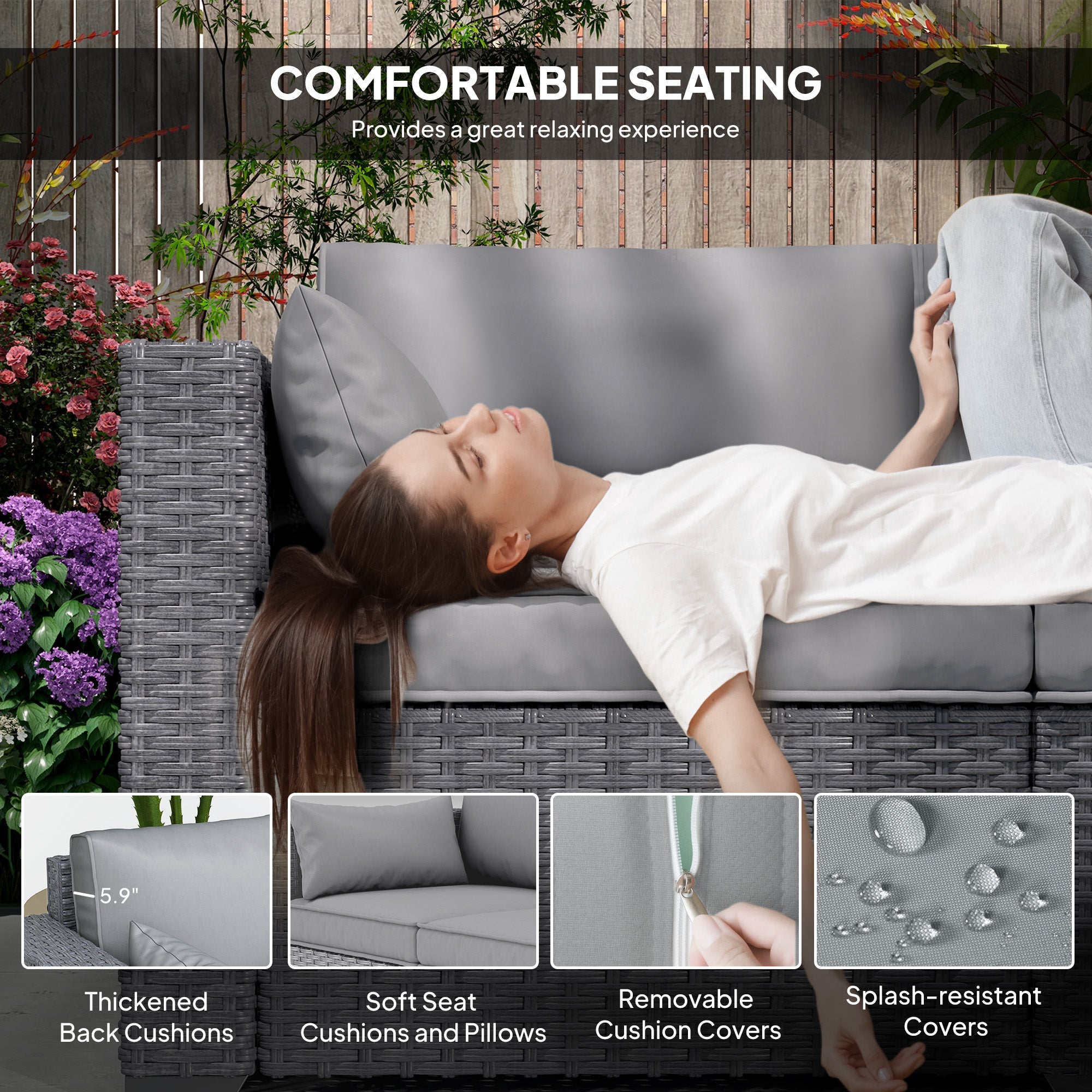 Outsunny 3 Seater Wicker Patio Sofa with Side Trays, Outdoor Couch with 6" Thick Back Cushions, Deep Seating, Grey 