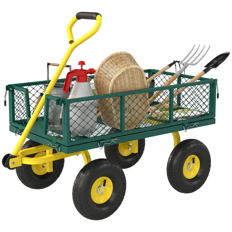 Garden Cart, Utility Wagon Cart with Removable Sides, Convert into Flatbed, 10" Wheels, 180° Rotating Handle, Green