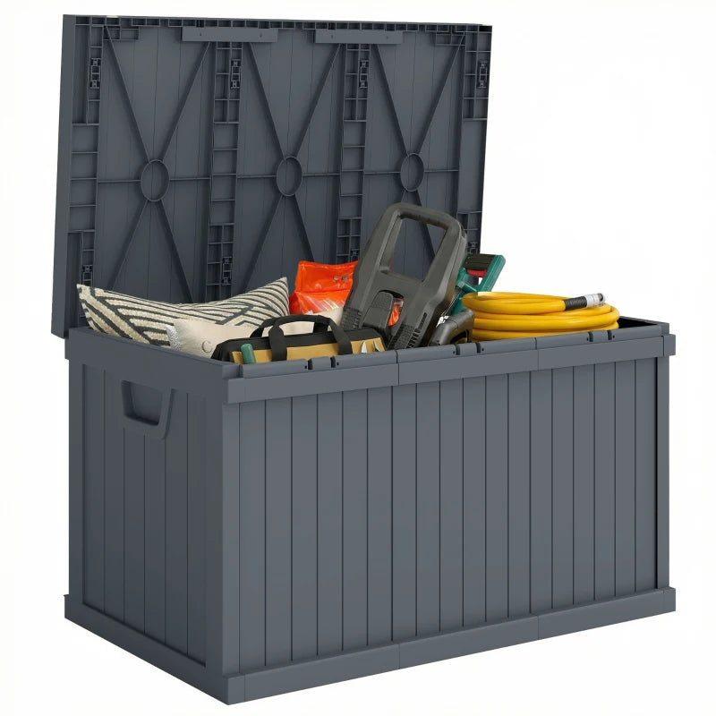 70 Gallon Deck Box, Resin Outdoor Storage Box with Handles, Waterproof Storage Container for Garden Tools, Dark Grey