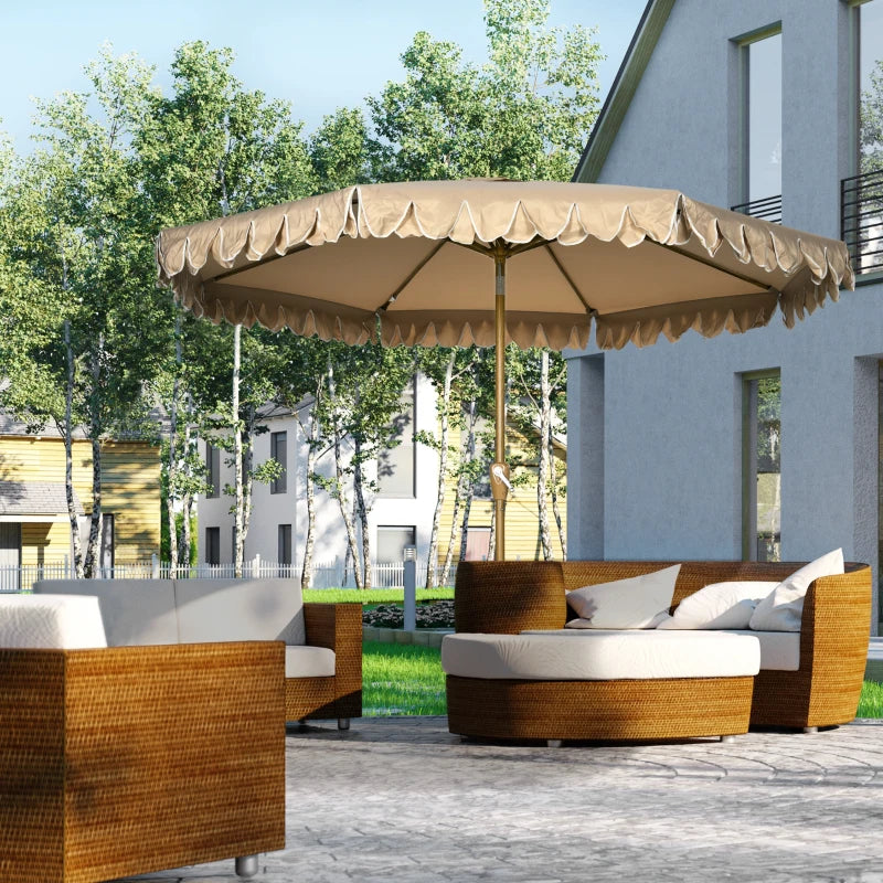 9 ft Patio Umbrella with Push Button Tilt and Crank, Double-ruffled Outdoor Market Table Umbrella Parasoll, Khaki