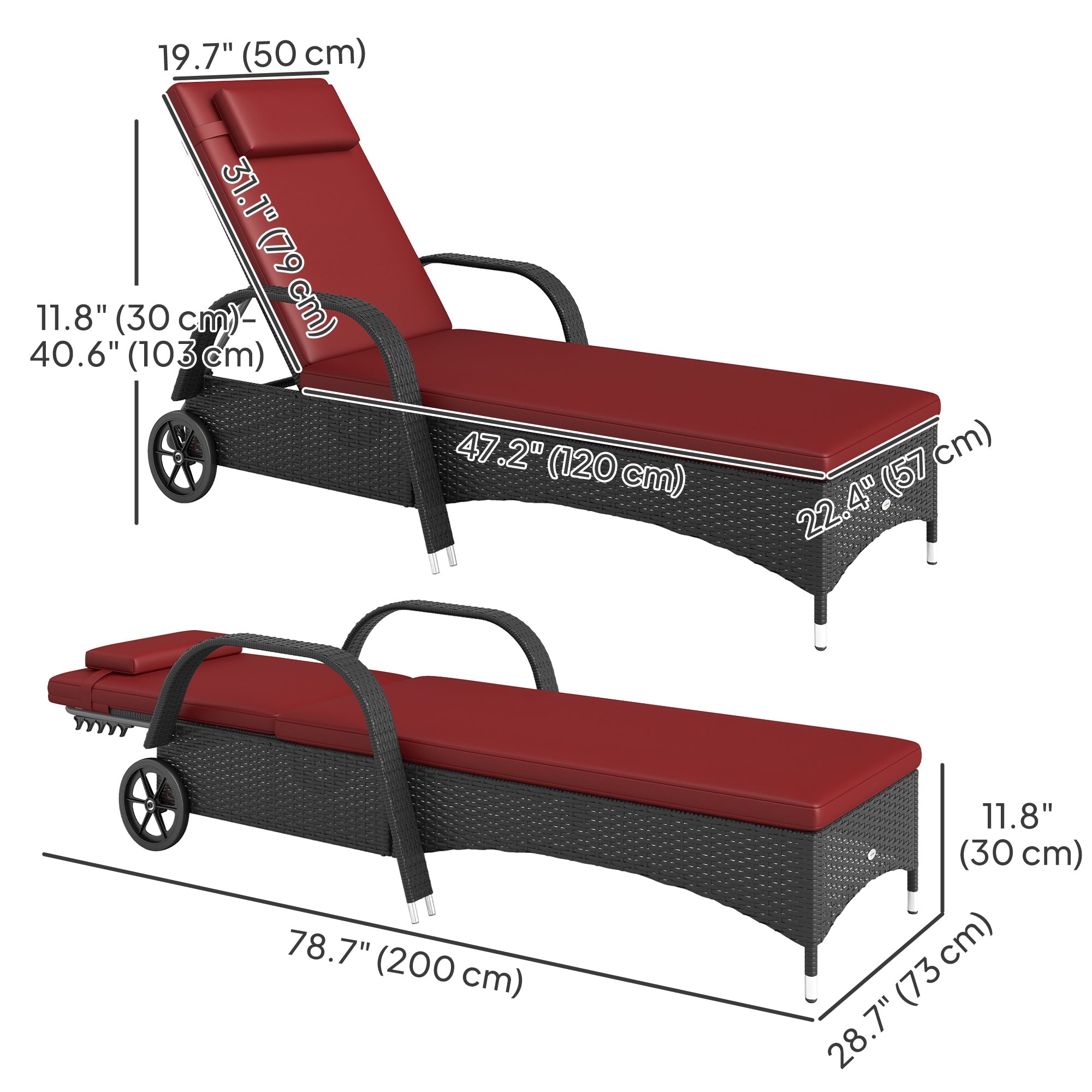 Outsunny Outdoor Lounger, Deck Lounge Chair with Headrest, 5-Level Adjustable, Backrest, Wheels, Deep Coffee and Wine Red 