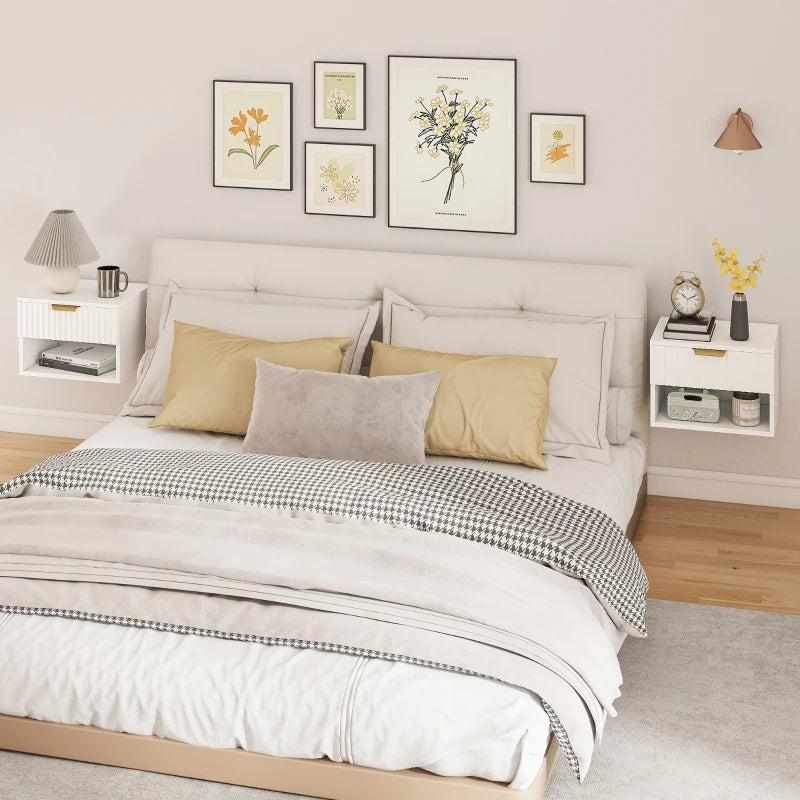 Floating Nightstands, Wall Mounted Bedside Tables Set of 2 with Drawer and Open Shelf, White