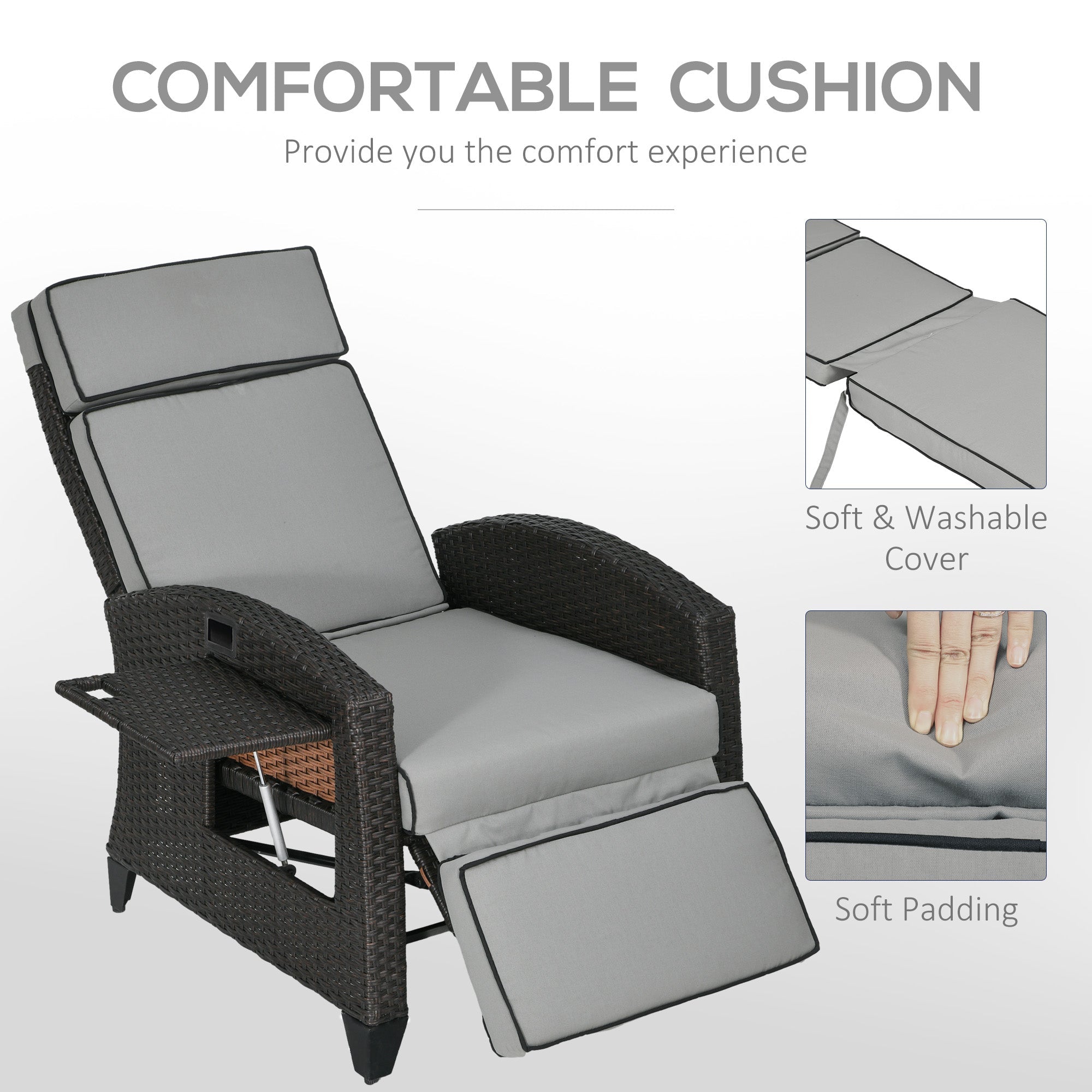 Outsunny Recliner Outdoor Chair Adjustable Backrest Side Tray Light Grey Patio Lounger Furniture 