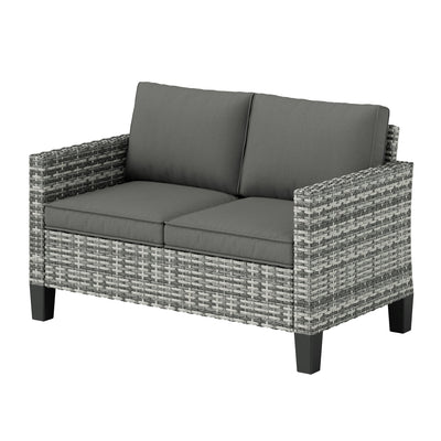 Outsunny 2 Seater Rattan Outdoor Sofa, Patio Couch Loveseat with Cushions and Armrests for Garden, Balcony, Dark Grey 