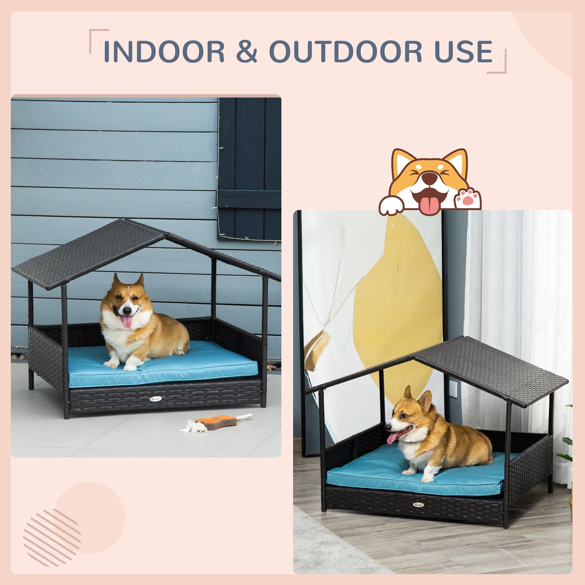 Outsunny PawHut Wicker Dog House Raised Rattan Pet Bed Indoor Outdoor Sofa with Cushion Medium Blue 