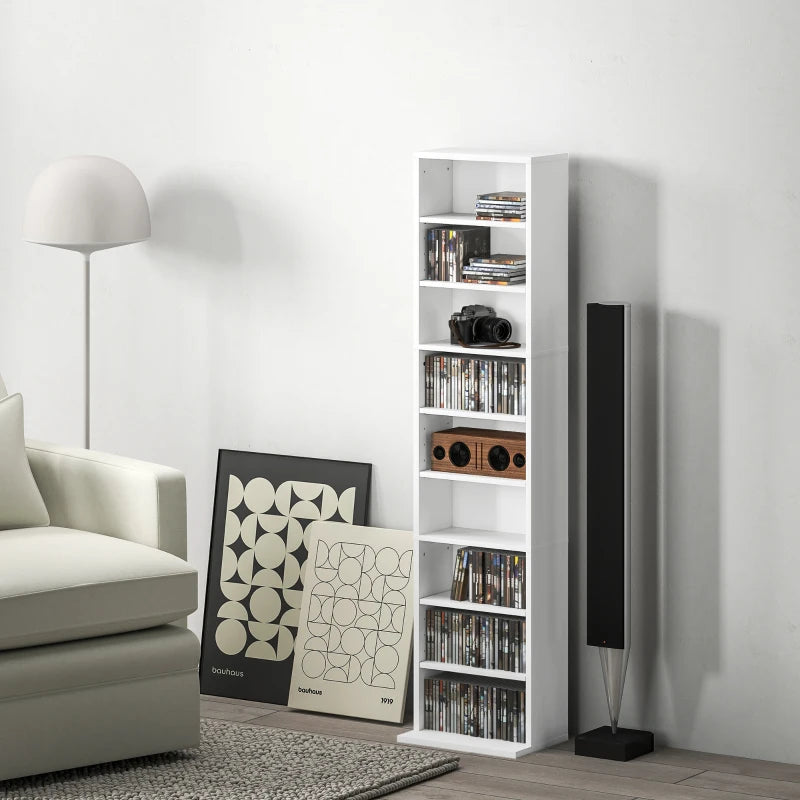 Media Storage Cabinet, 9-Tier Tall Narrow DVD Shelf with 6 Adjustable Shelves, White