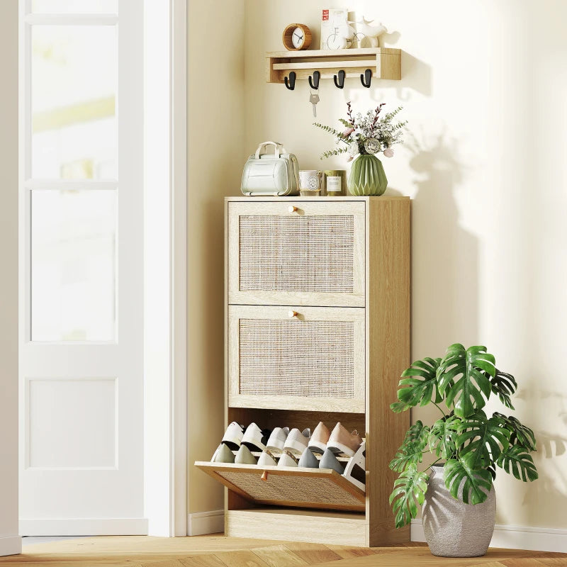 Rattan Shoe Storage Cabinet with 3 Flip Drawers and Adjustable Shelves, Entryway Shoe Cabinet for 18 Pairs, Oak
