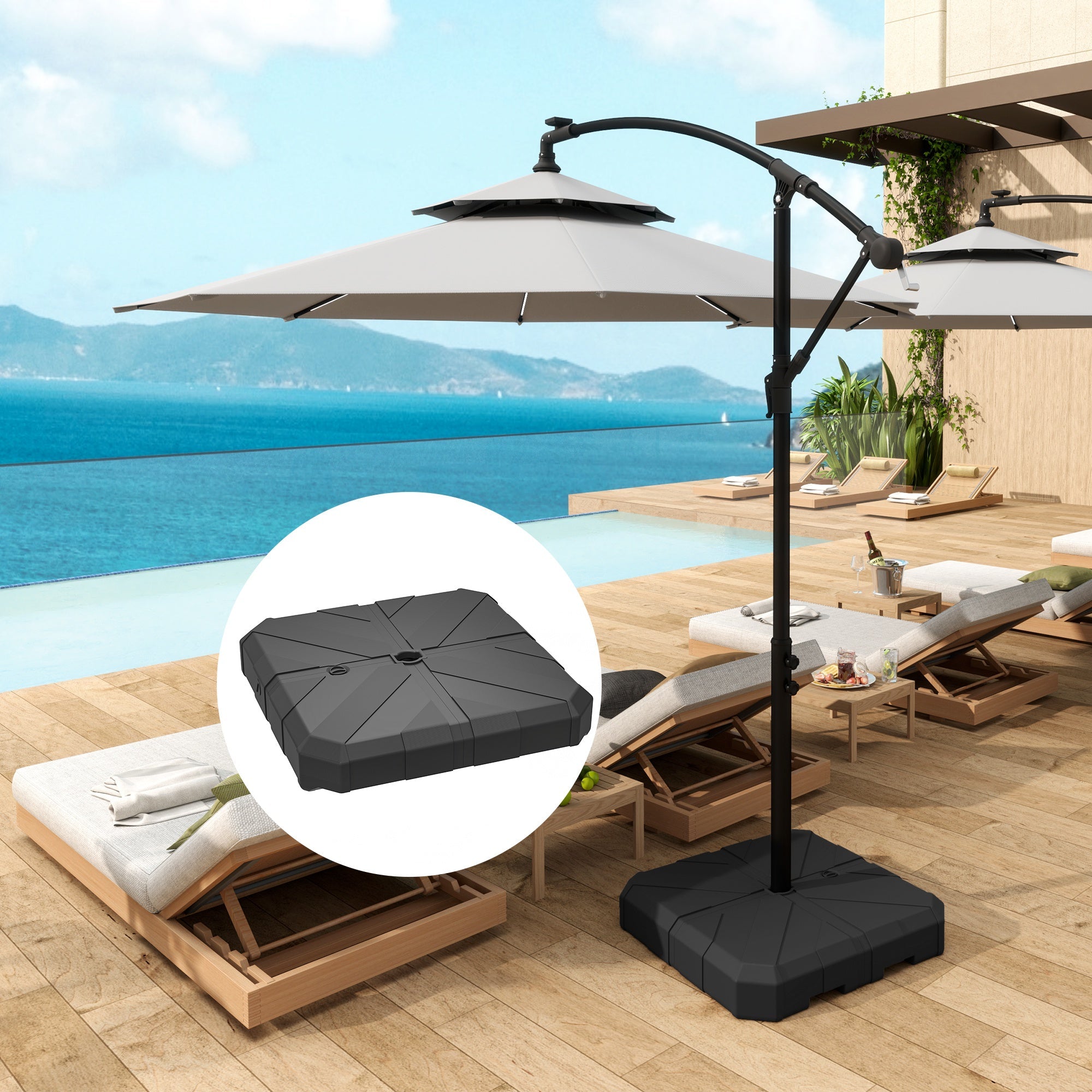 Outsunny Square Patio Umbrella Base Weight, Heavy Duty Cantilever Offset Umbrella Base, Filled Up to 143lbs with Stand or 130lbs with Water for Garden Poolside, Black 