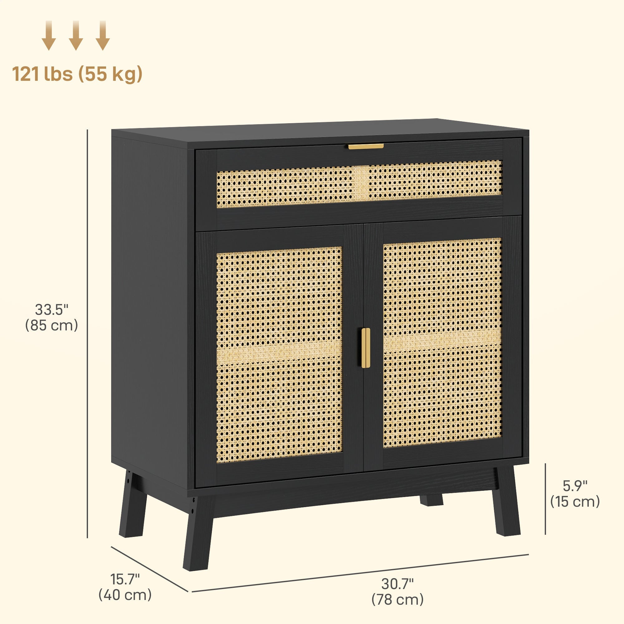 HOMCOM Boho Sideboard Storage Cabinet with Rattan Doors, Black 