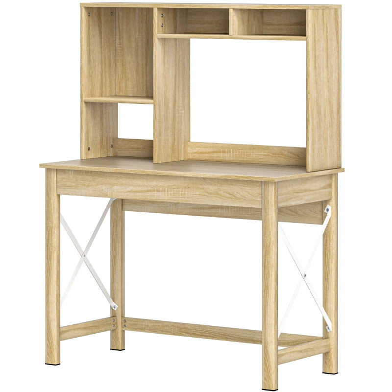 Computer Desk with Hutch, Home Office Table with Storage Shelves and Open Compartments for Writing, Work, Oak