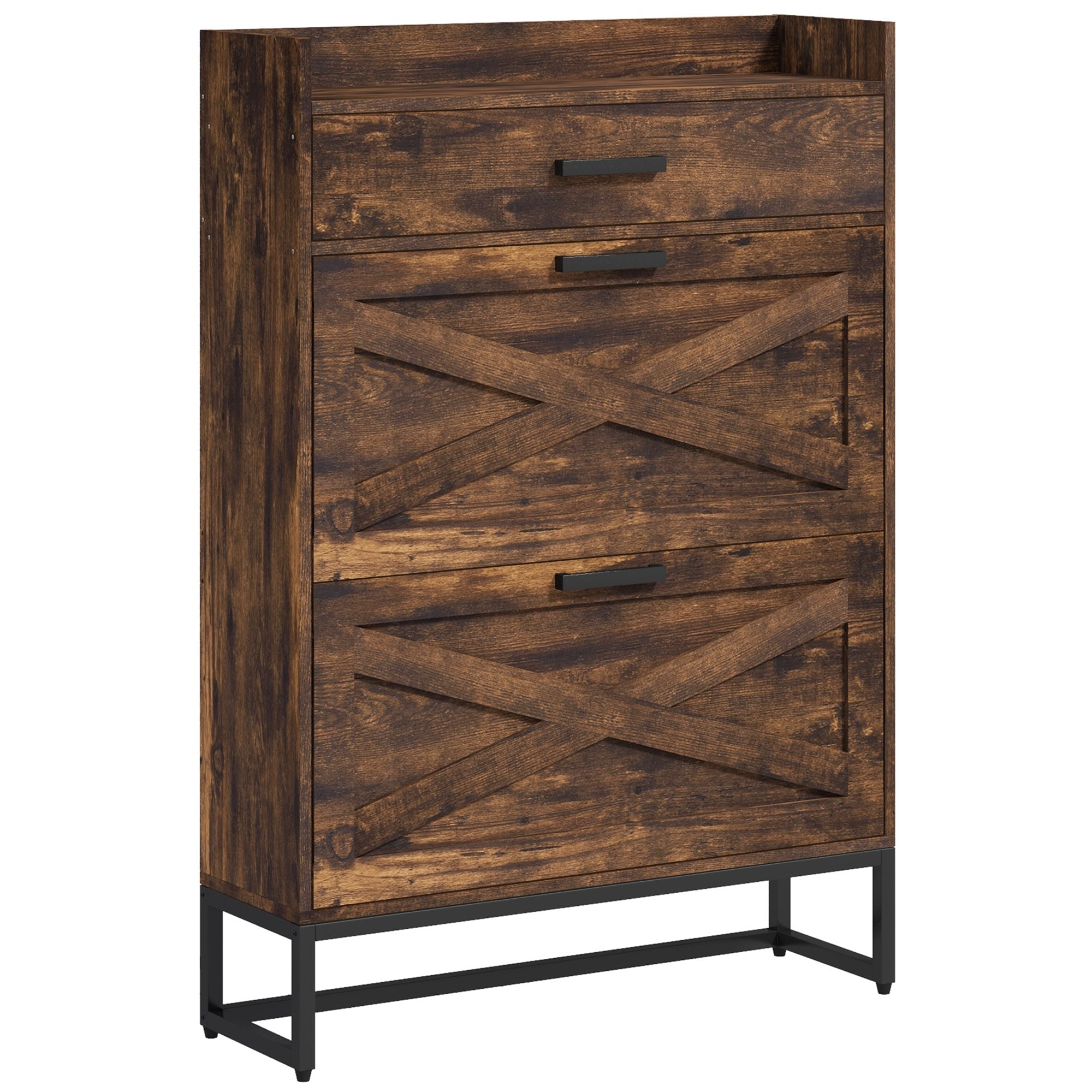 HOMCOM Narrow Shoe Cabinet Organizer: 2 Flip Drawers, Adjustable Shelves for 12 Pairs, Rustic Brown 