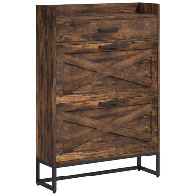 HOMCOM Narrow Shoe Cabinet Organizer: 2 Flip Drawers, Adjustable Shelves for 12 Pairs, Rustic Brown 