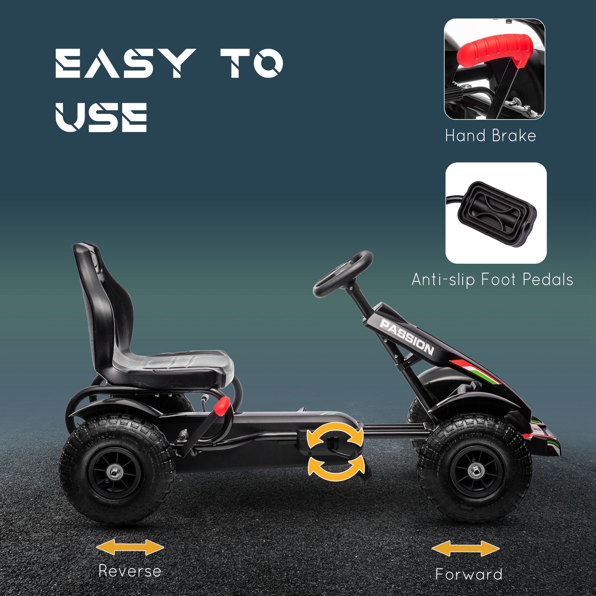 Aosom Kids Pedal Go Kart Ride-On Car Adjustable Seat Handbrake Rubber Wheels Outdoor Play Black 