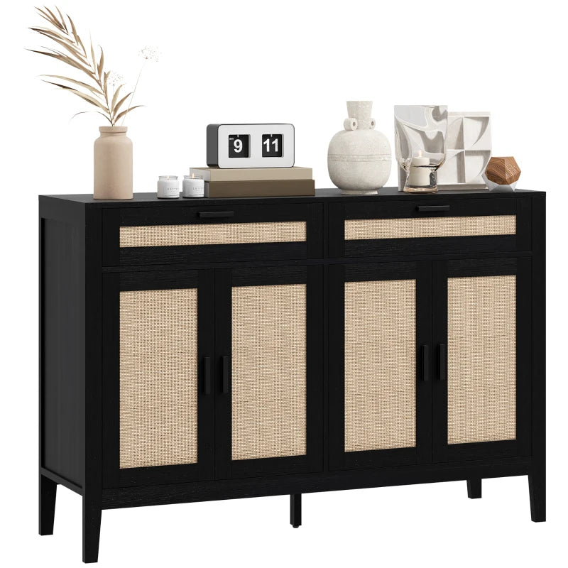 Kitchen Sideboard Cabinet, Boho Buffet Table with Decorative Rattan Doors and Drawers for Dining Room, Black