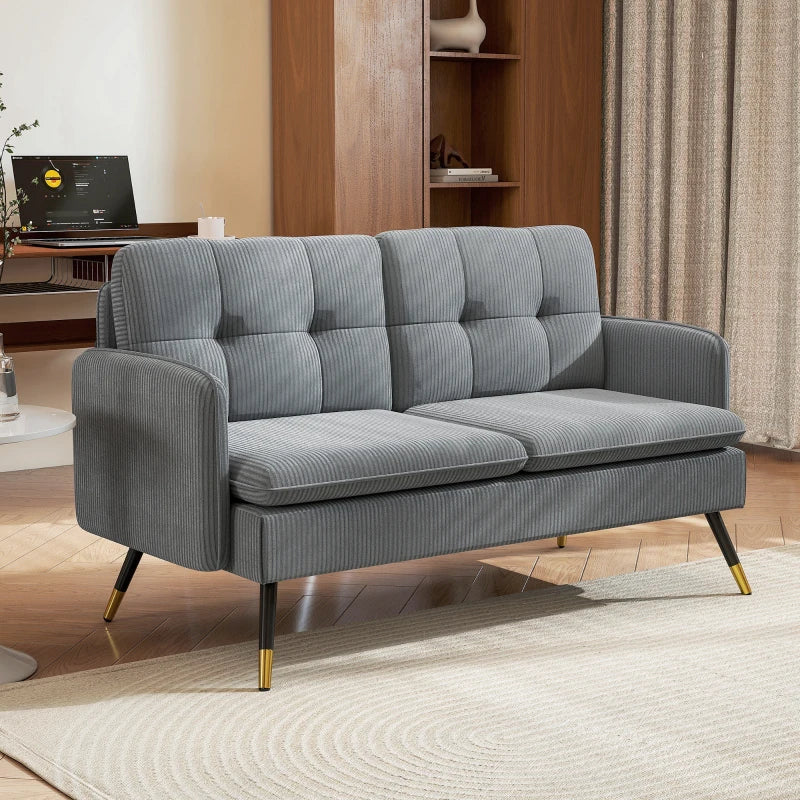 55" Loveseat Sofa, Corduroy Love Seat w/ S spring, Steel Legs and Button Tufting, Small Couch for Living Room, Dark Grey