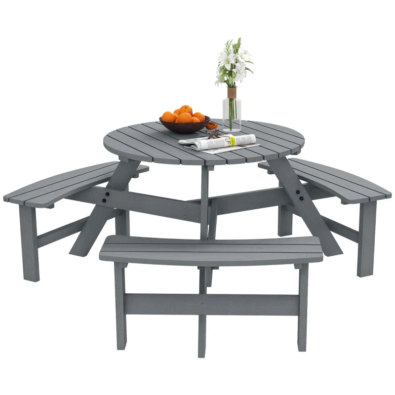 6 Person Round Picnic Table Bench Set with Umbrella Hole, Wood Patio Table with 3 Built-in Benches for Garden, Deck, Backyard, Grey