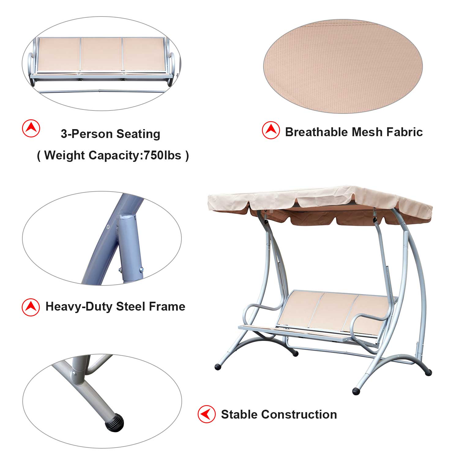 Outsunny 3 Person Patio Swing Seats with Adjustable Canopy Outdoor Swing Chair Bench for Garden, Poolside, Beige 